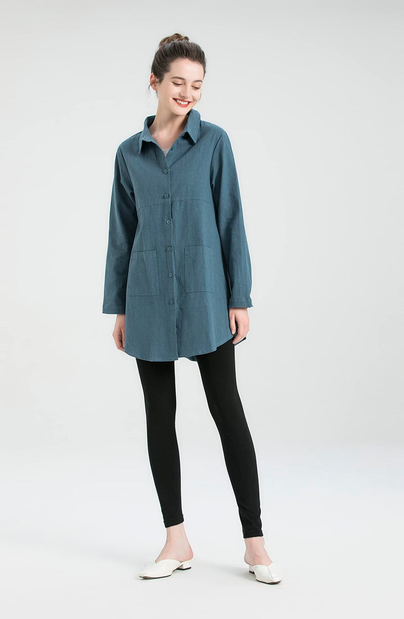 Minibee Women's Linen Shirts Button Down Long Tunic Tops Plus Size Blouse with Pockets Navy L - Image 5